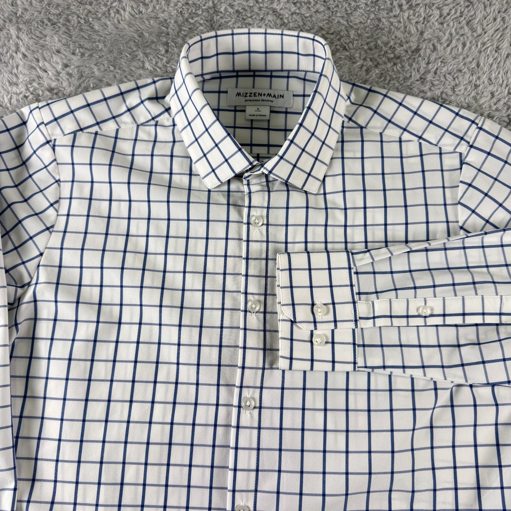 Mizzen+Main Mens Trim Fit Performance Dress Shirt White Navy Windowpane Small